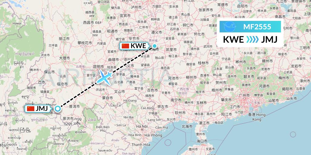 MF2555 Xiamen Airlines Flight Map: Guiyang to Pu'er
