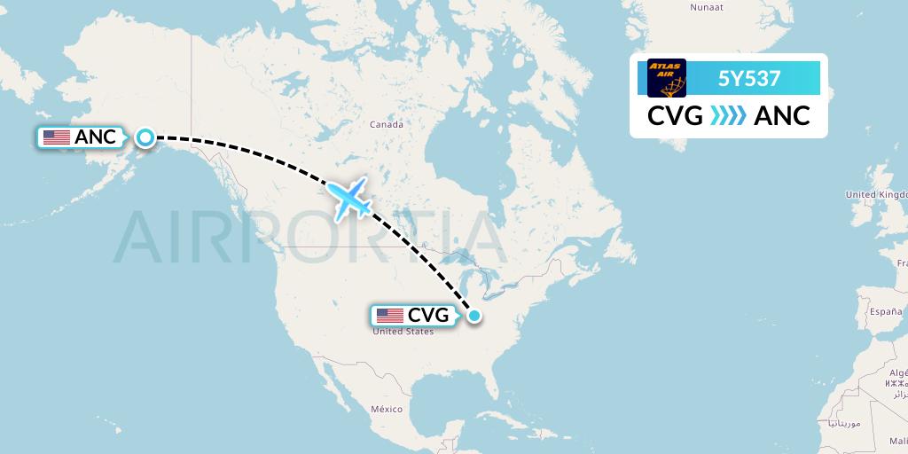 5Y537 Atlas Air Flight Map: Cincinnati to Anchorage