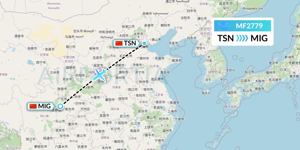 MF2779 Xiamen Airlines Flight Map: Tianjin to Mianyang