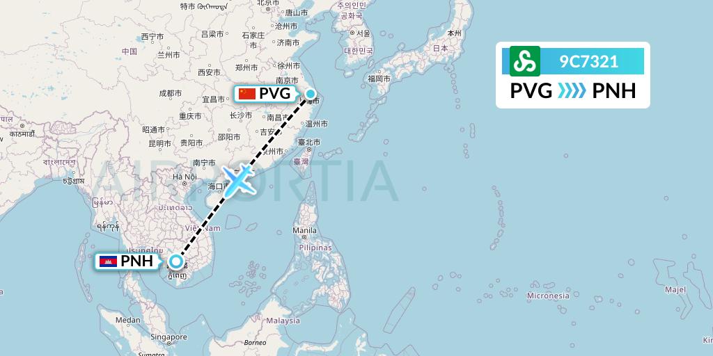 9C7321 Spring Airlines Flight Map: Shanghai to Phnom Penh