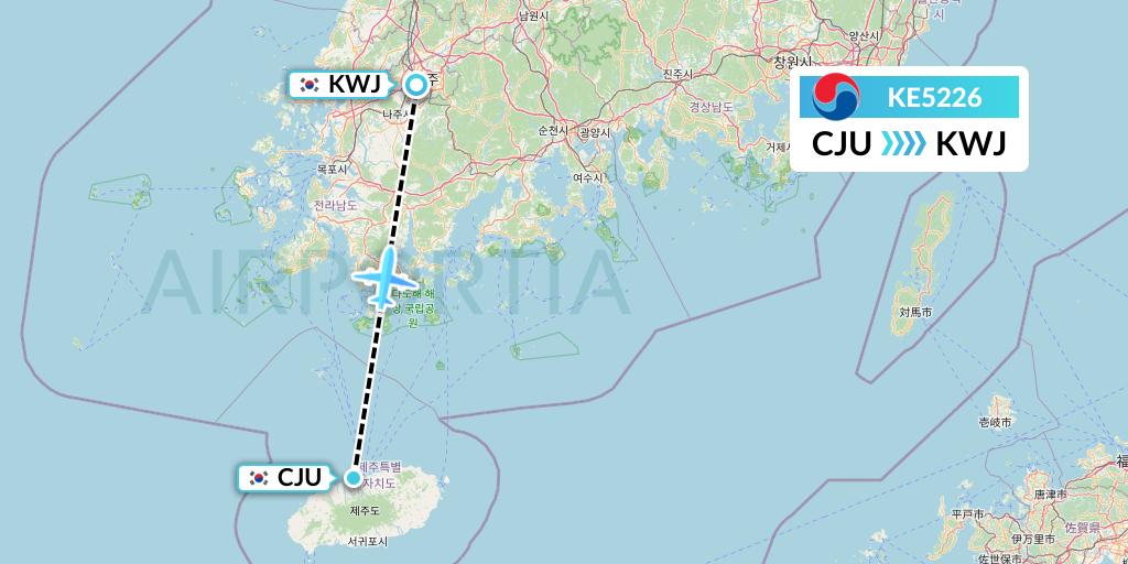 KE5226 Korean Air Flight Map: Jeju to Gwangju