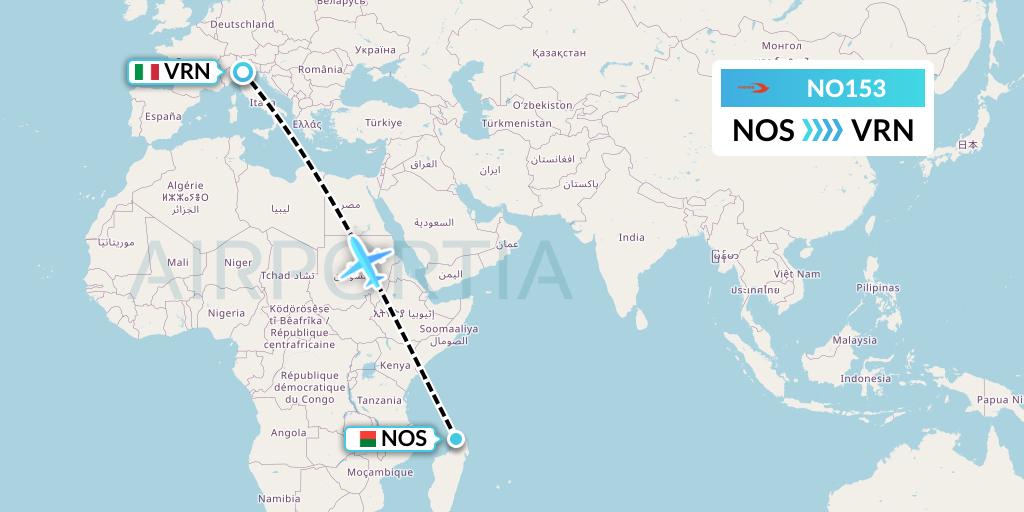 NO153 Neos Flight Map: Nosy Be to Verona