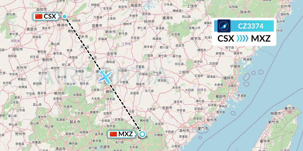 CZ3374 China Southern Airlines Flight Map: Changsha to Meixian