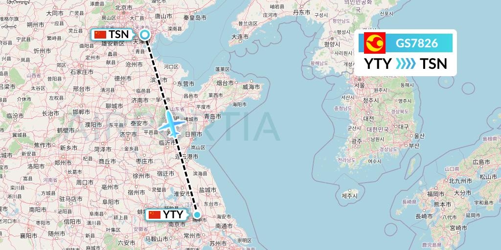 GS7826 Tianjin Airlines Flight Map: Yangzhou to Tianjin