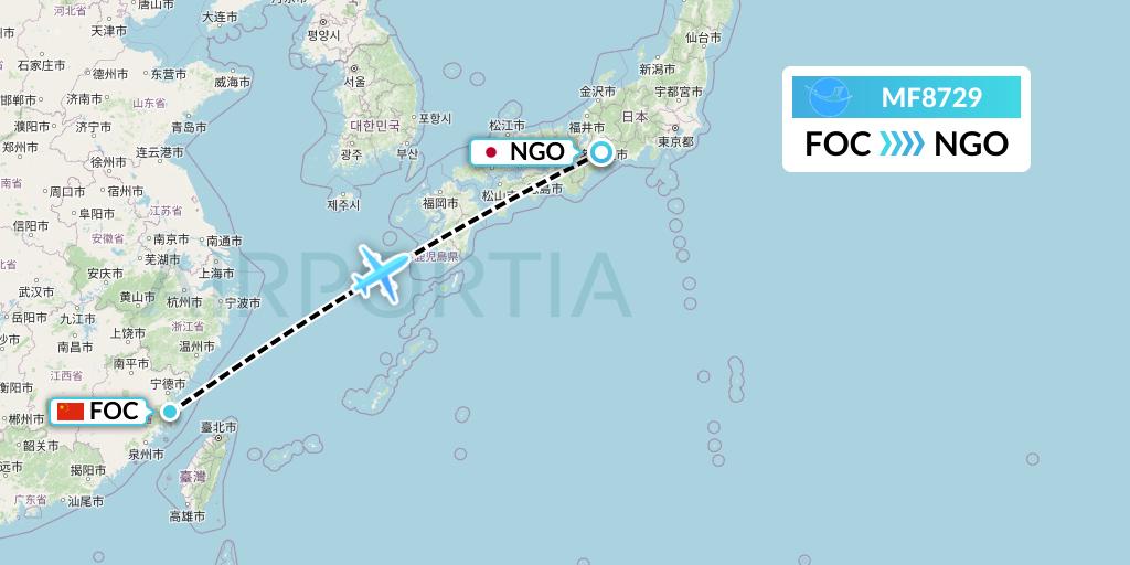 MF8729 Xiamen Airlines Flight Map: Fuzhou to Nagoya