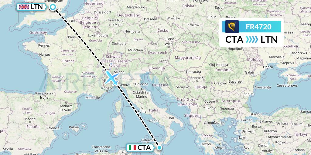 FR4720 Ryanair Flight Map: Catania to London