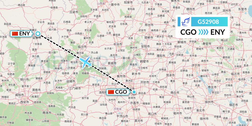 G52908 China Express Airlines Flight Map: Zhengzhou to Yan'an