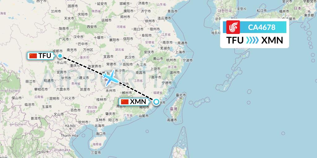 CA4678 Air China Flight Map: Chengdu to Xiamen