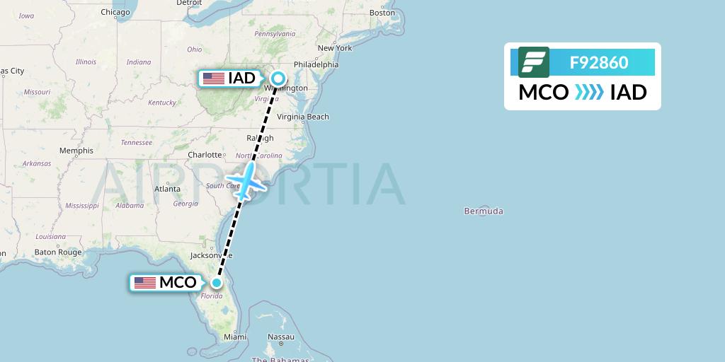 F92860 Frontier Airlines Flight Map: Orlando to Washington