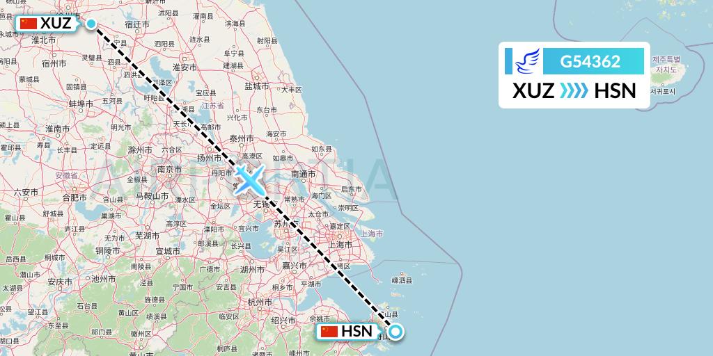 G54362 China Express Airlines Flight Map: Xuzhou to Zhoushan
