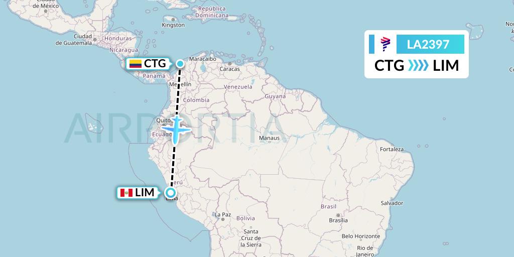 LA2397 LAN Airlines Flight Map: Cartagena to Lima