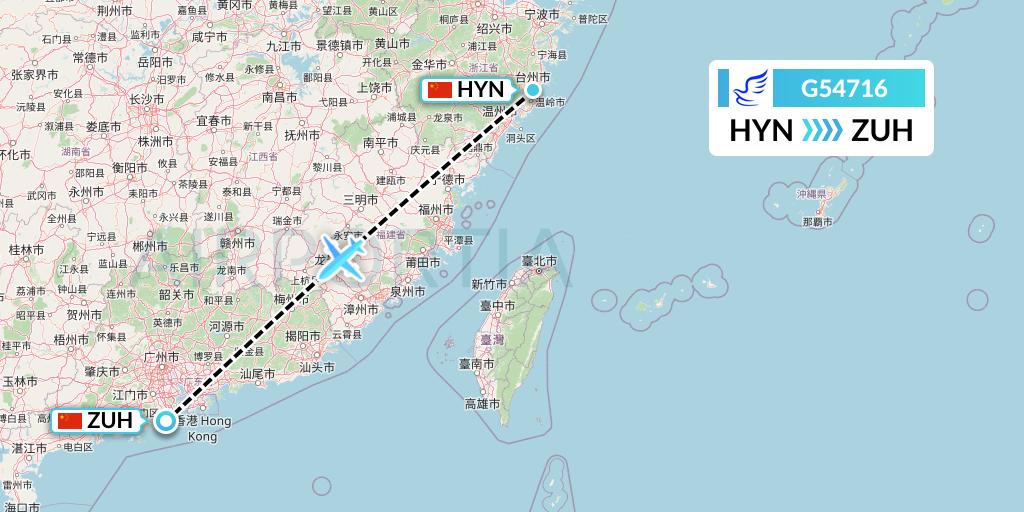 G54716 China Express Airlines Flight Map: Huangyan to Zhuhai