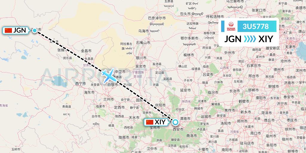 3U5778 Sichuan Airlines Flight Map: Jiayuguan to Xi'an