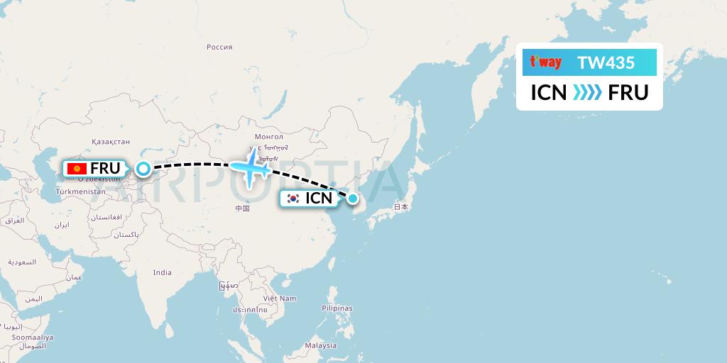 TW435 T'way Air Flight Map: Seoul to Bishkek