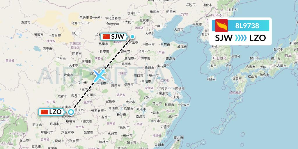 8L9738 Lucky Air Flight Map: Shijiazhuang to Luzhou