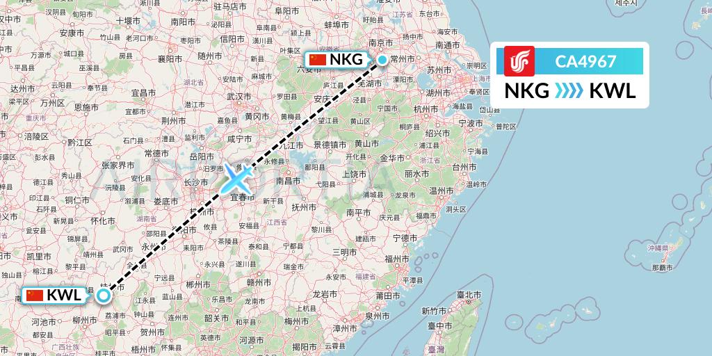 CA4967 Air China Flight Map: Nanjing to Guilin