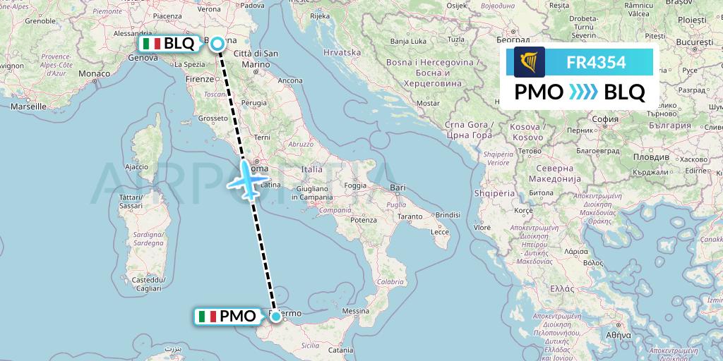 FR4354 Ryanair Flight Map: Palermo to Bologna