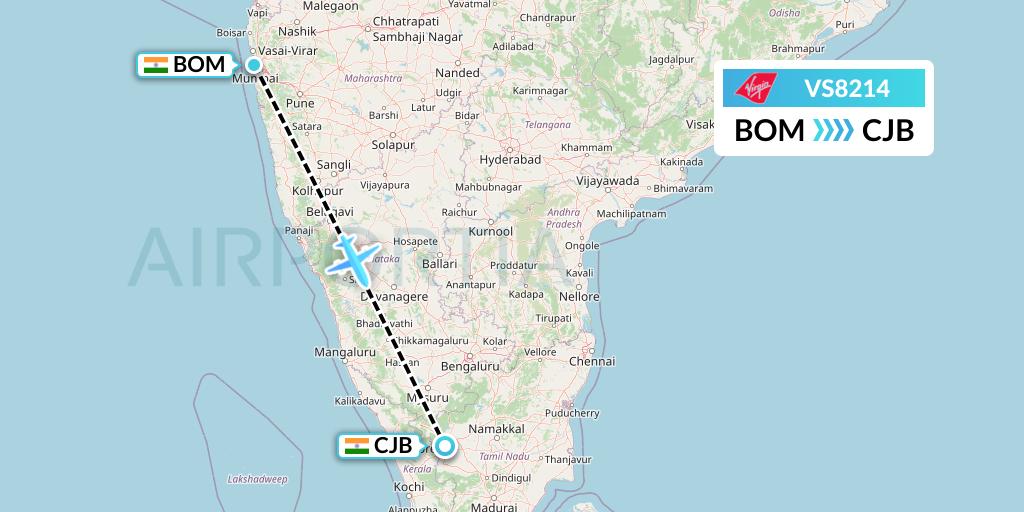 VS8214 Virgin Atlantic Airways Flight Map: Mumbai to Coimbatore