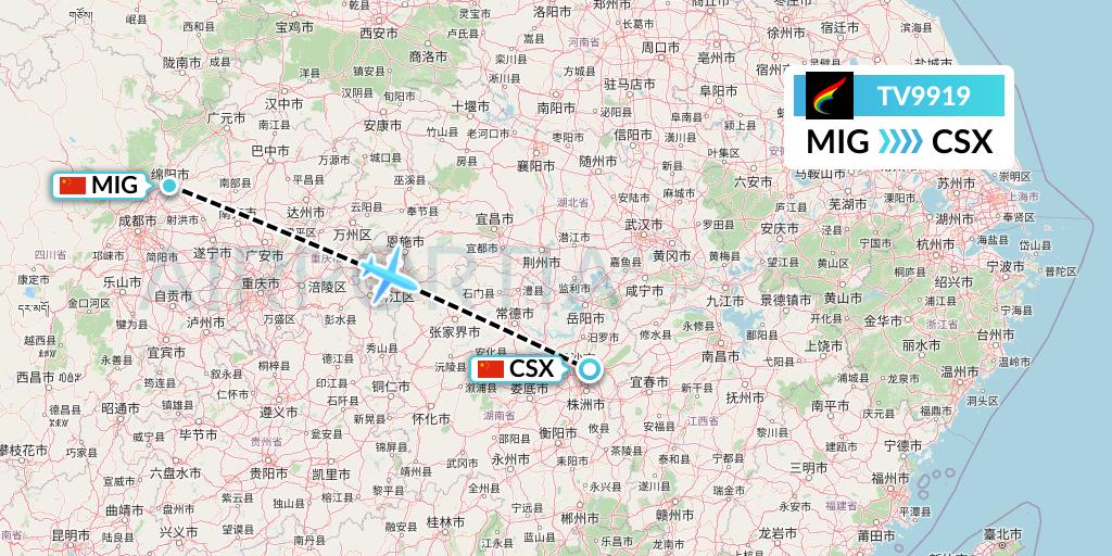 TV9919 Tibet Airlines Flight Map: Mianyang to Changsha