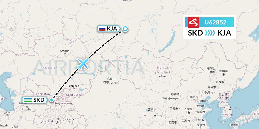 U62852 Ural Airlines Flight Map: Samarkand to Krasnoyarsk