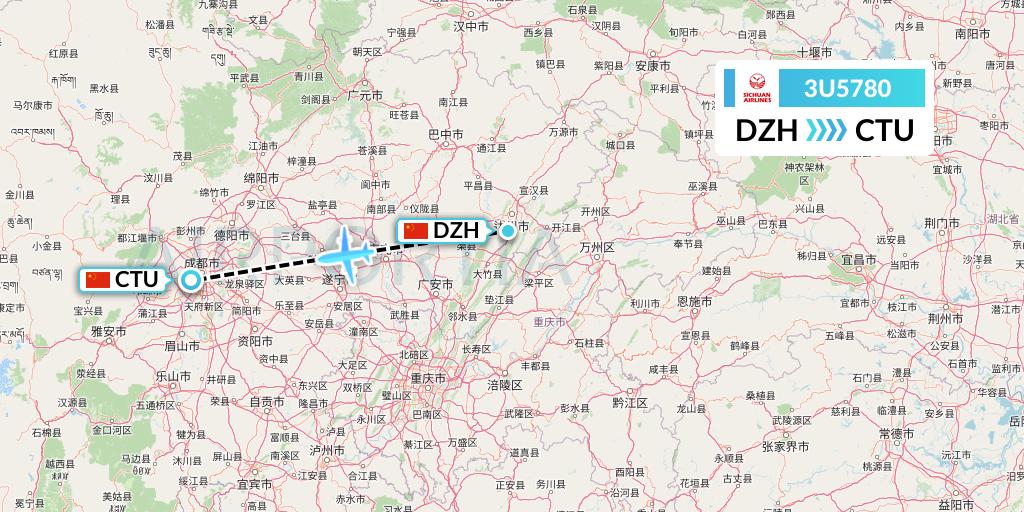 3U5780 Sichuan Airlines Flight Map: Dazhou to Chengdu