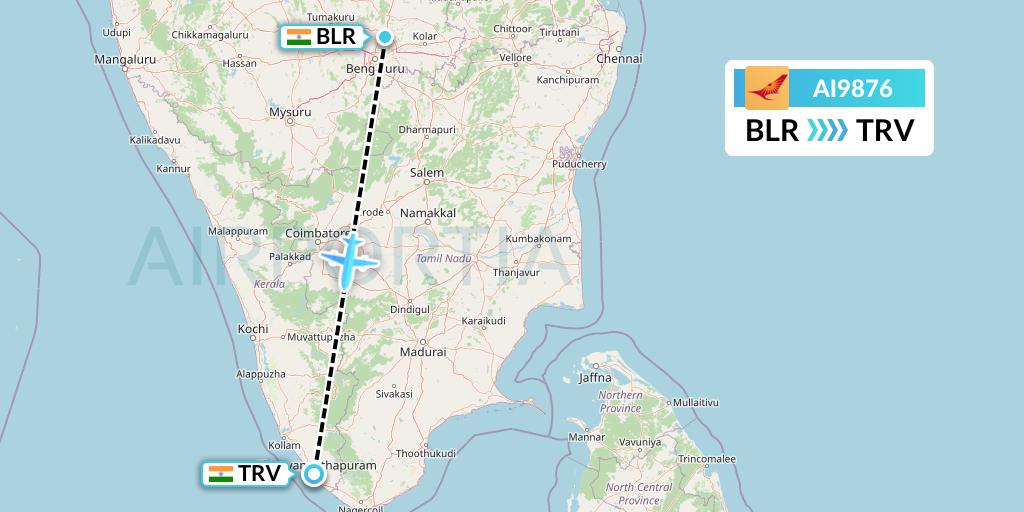 AI9876 Air India Flight Map: Bangalore to Thiruvananthapuram