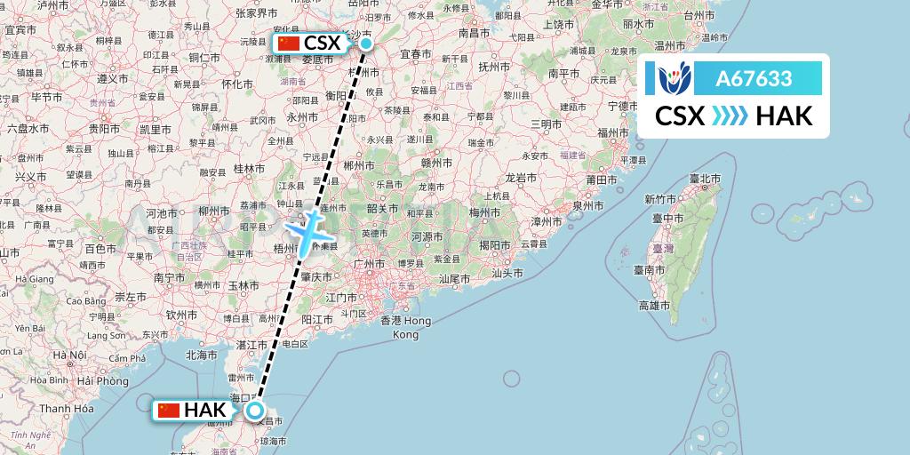 A67633 Hongtu Airlines Flight Map: Changsha to Haikou