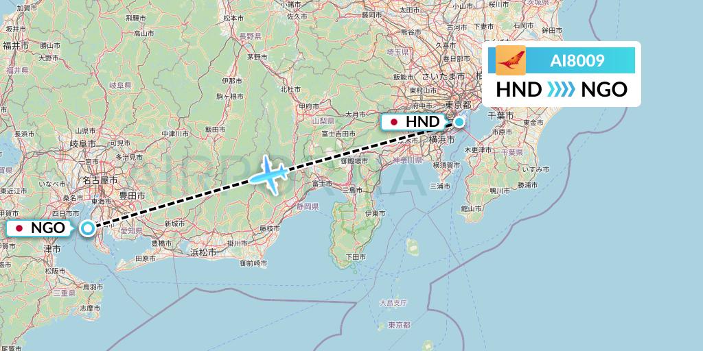 AI8009 Air India Flight Map: Tokyo to Nagoya
