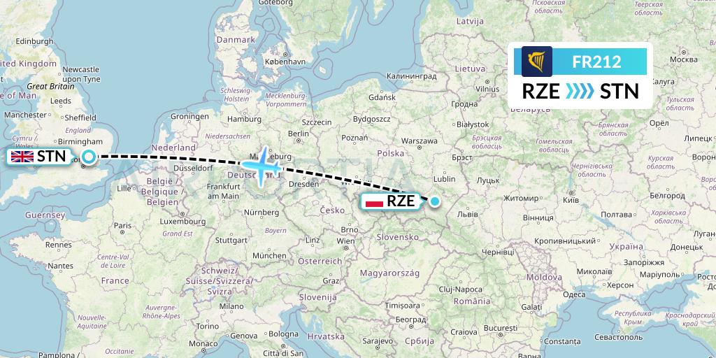 FR212 Ryanair Flight Map: Rzeszow to London