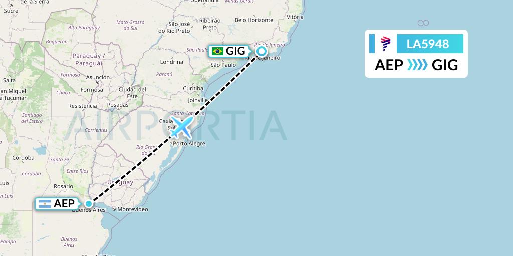 LA5948 LAN Airlines Flight Map: Buenos Aires to Rio de Janeiro