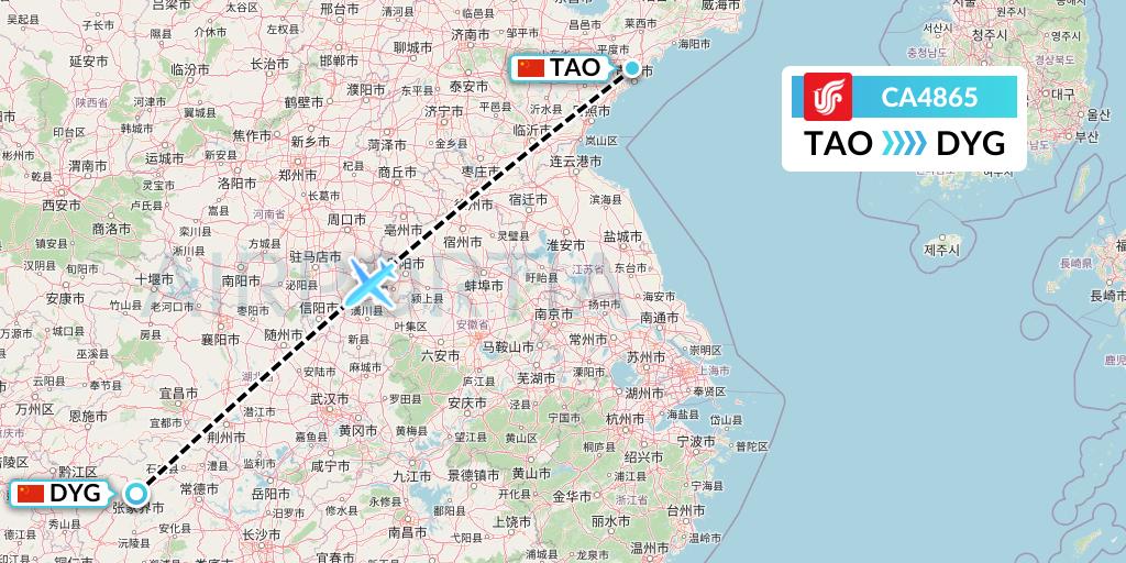 CA4865 Air China Flight Map: Qingdao to Dayong