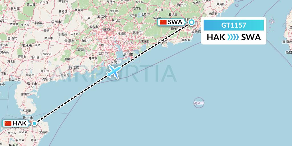 GT1157 Air Guilin Flight Map: Haikou to Jieyang