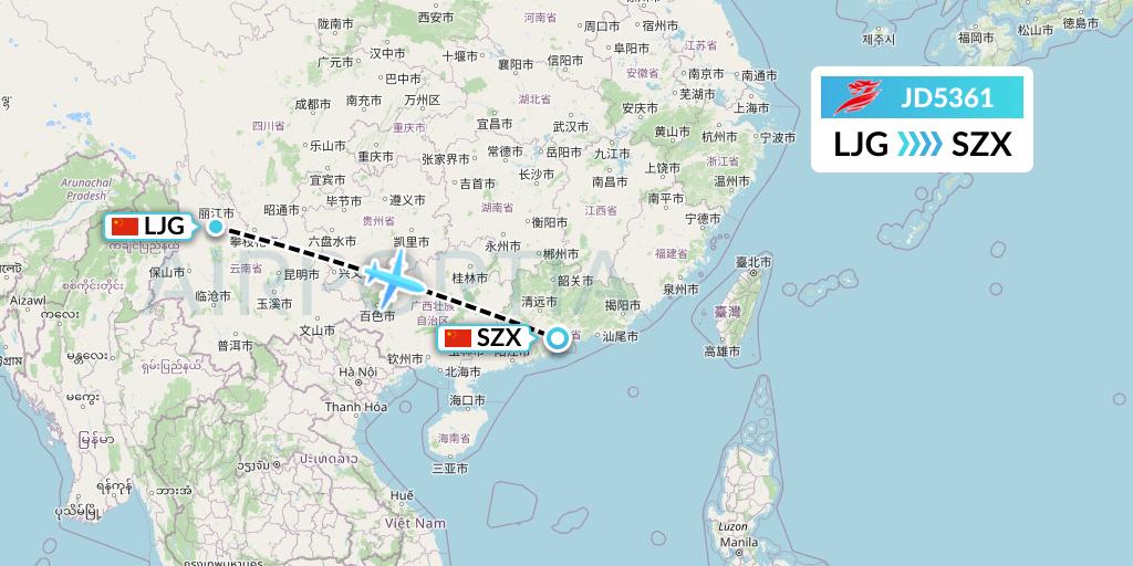 JD5361 Capital Airlines Flight Map: Lijiang to Shenzhen