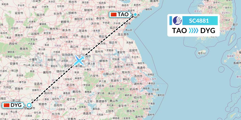 SC4881 Shandong Airlines Flight Map: Qingdao to Dayong