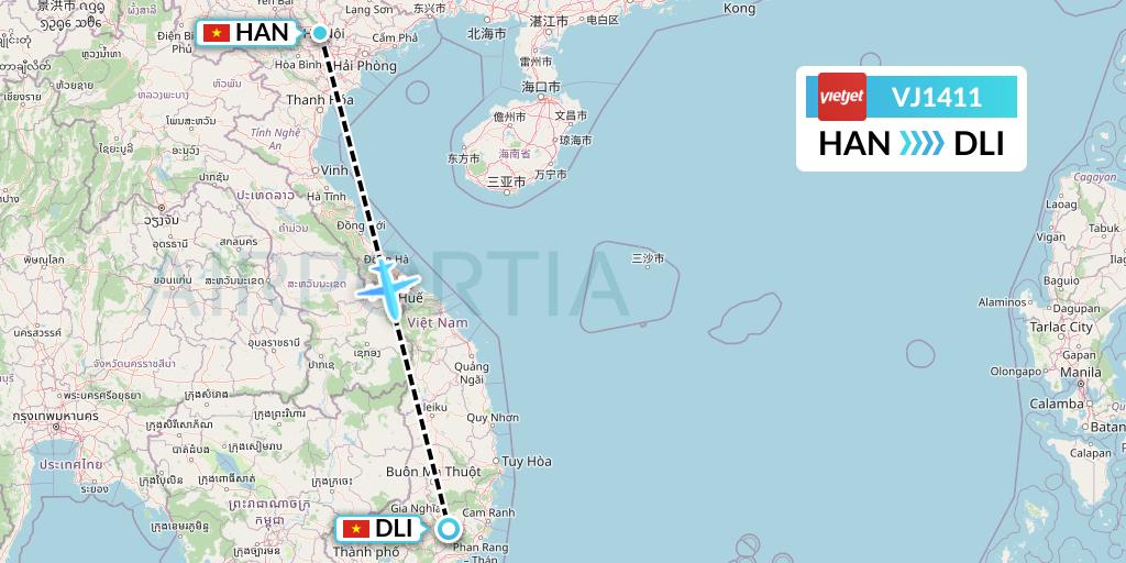 VJ1411 VietJet Air Flight Map: Hanoi to Da Lat