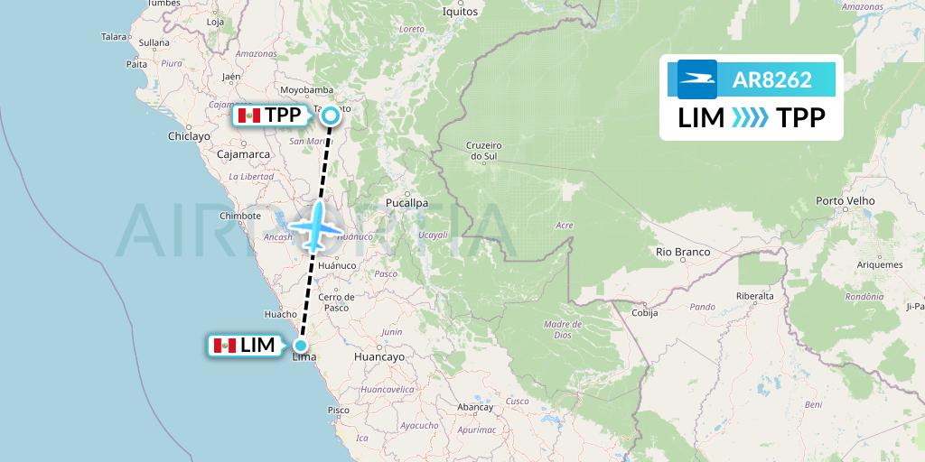 AR8262 Aerolineas Argentinas Flight Map: Lima to Tarapoto
