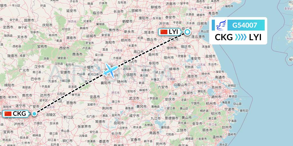 G54007 China Express Airlines Flight Map: Chongqing to Linyi
