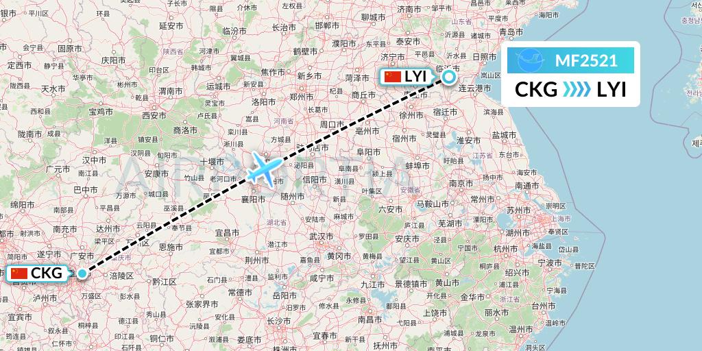 MF2521 Xiamen Airlines Flight Map: Chongqing to Linyi