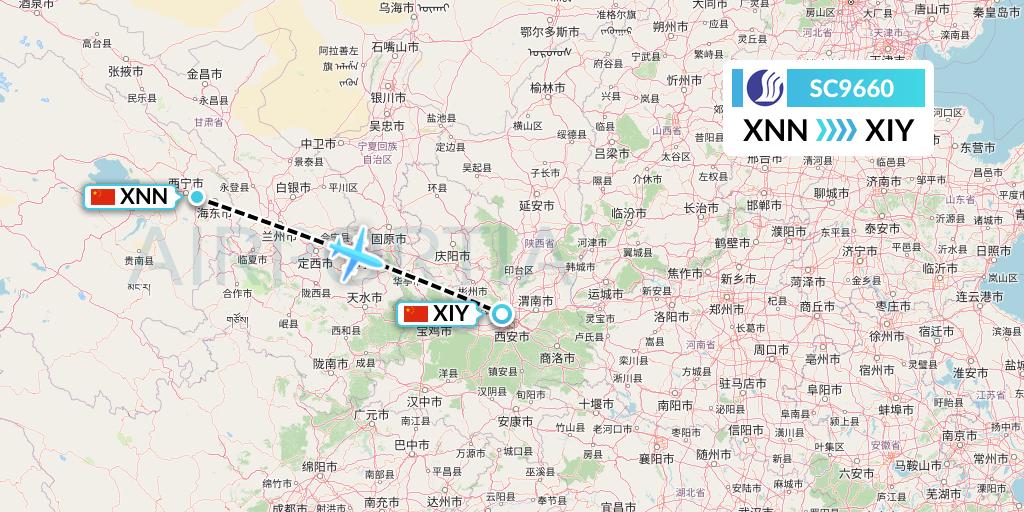 SC9660 Shandong Airlines Flight Map: Xining to Xi'an