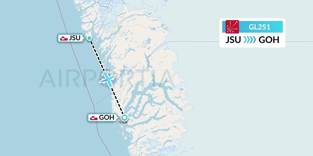 GL251 Air Greenland Flight Map: Maniitsoq to Nuuk