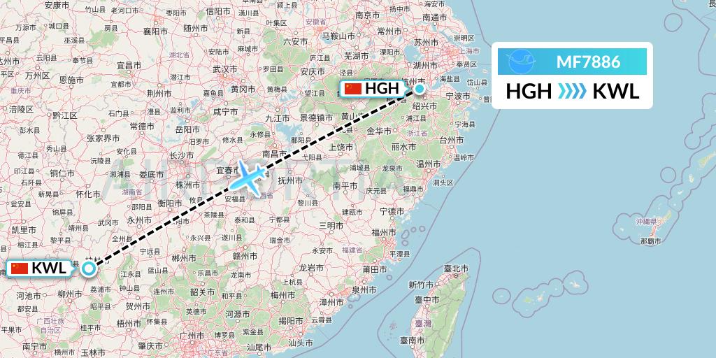 MF7886 Xiamen Airlines Flight Map: Hangzhou to Guilin