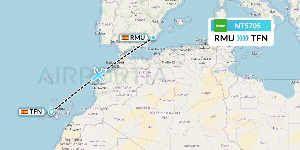 NT5705 Binter Canarias Flight Map: Murcia to Tenerife