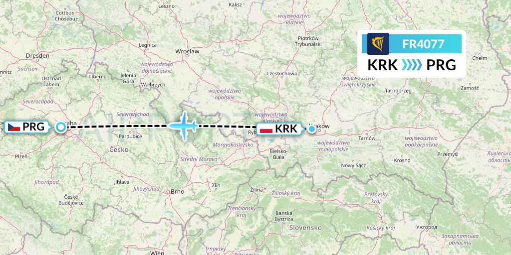 FR4077 Ryanair Flight Map: Krakow to Prague