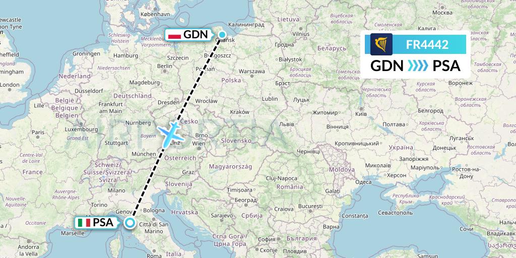 FR4442 Ryanair Flight Map: Gdansk to Pisa