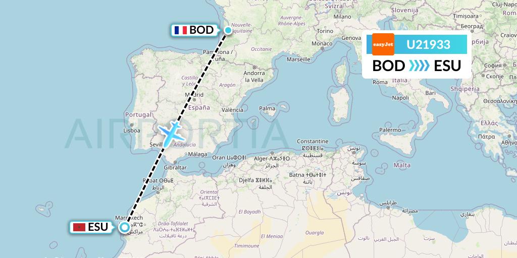 U21933 EasyJet Flight Map: Bordeaux to Essaouira
