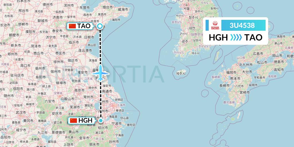 3U4538 Sichuan Airlines Flight Map: Hangzhou to Qingdao