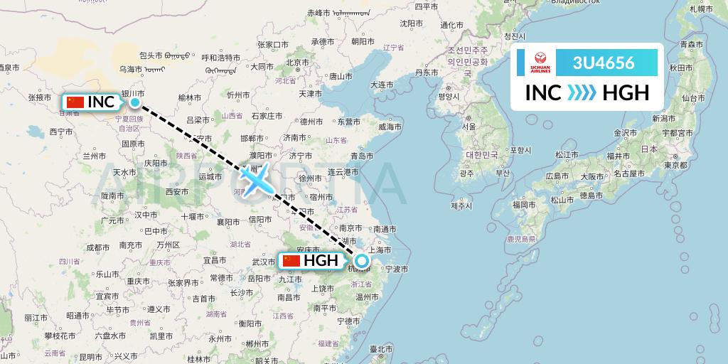 3U4656 Sichuan Airlines Flight Map: Yinchuan to Hangzhou