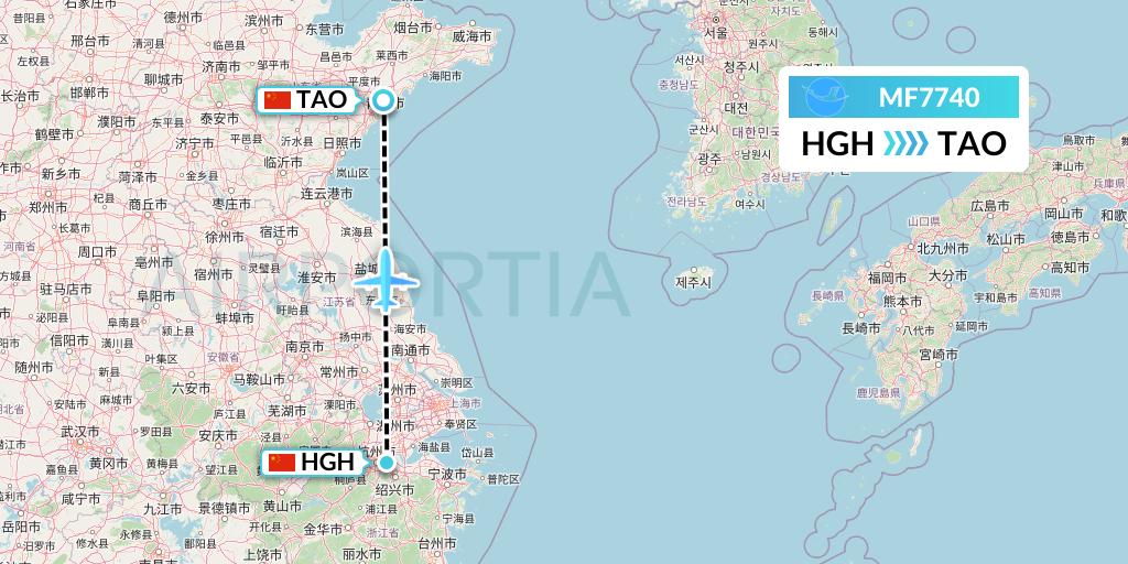 MF7740 Xiamen Airlines Flight Map: Hangzhou to Qingdao