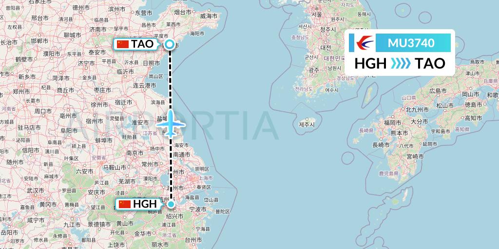 MU3740 China Eastern Airlines Flight Map: Hangzhou to Qingdao