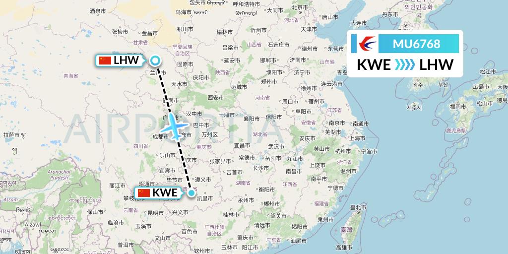 MU6768 China Eastern Airlines Flight Map: Guiyang to Lanzhou